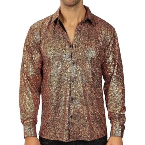 Men Dress Shirt Sequins LongSleeve Button DownShirt Luxury Disco Party Nightclub - Picture 1 of 7